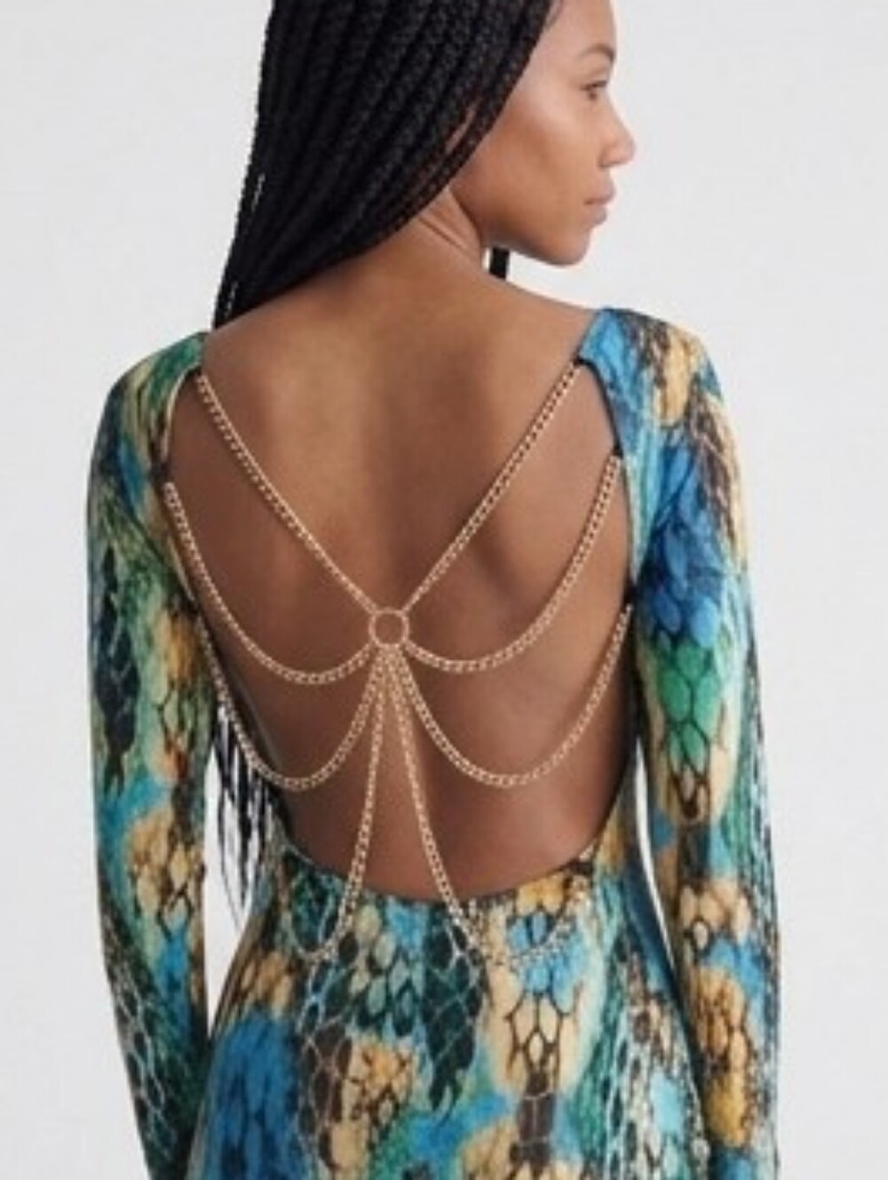 Gold Chain Detail Green Blue Snake Print Backless Dress with  Bell Sleeves